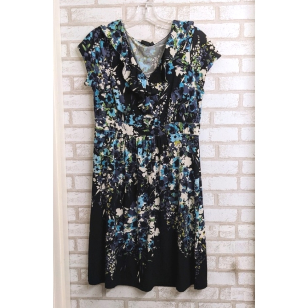 Apt. 9 Dress Navy Blue Black White Aqua V-neck Floral Ruffle Soft Short D6